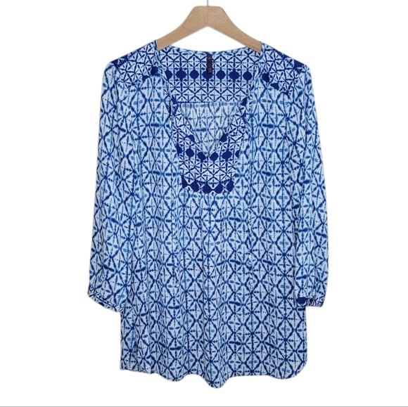 NYDJ Tops - NYDJ | Blue White Batik Print Tie Neck Tunic Blouse Size Medium